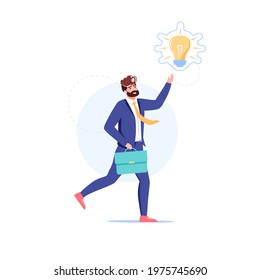 Vector cartoon flat business character present new idea.Successful businessman happy employee shows glowing lamp-metaphor of fresh idea,finding solution,problem solving web site banner symbol concept