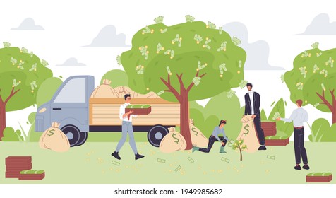 Caricatura vectorial personajes de negocios llanos aumentan ganancias, cosechan ingresos de dinero, cargan efectivo sobre inversión futura de camiones-financieros, emprendimiento, concepto de ideas creativas para banner web online,ad,diseño de sitios