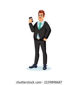 Vektorcartoon-Flat-Business-Mann-Charakter in stilvollem Anzug mit Mobiltelefon auf leerem Hintergrund-trendy Modekollektion und Business Lifestyle-Konzept, Website-Banner und Design