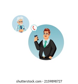 Vector cartoon flat businessman character calls to doctor via mobile phone on empty background-medical treatment and therapy concept,web site banner ad design