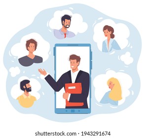 Vector cartoon flat businessmen characters online conference - distance business meeting,brainstorm,online education,coworking concept