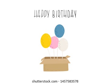 Vector cartoon flat card. gifting box whith balloons