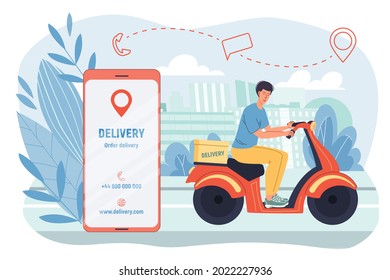 Caricatura vectorial personaje plano llevar compra de pedidos en línea.Servicio de entrega correo-scooter entrega el paquete ordenado desde la pantalla de la aplicación móvil hasta la tienda en línea del cliente, banner y concepto del sitio web
