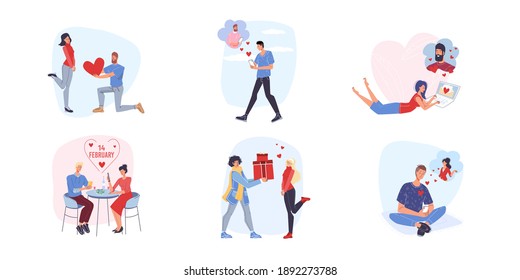 Vector cartoon flat character couples,saint Valentine Day greeting cards design set.People in love dating,talk,give presents-February 14 post card,web online banner decor-emotions,social concept