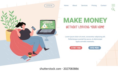 Vector cartoon flat character enjoys trading success.Young girl happy with stock market,forex profit in bean bag at cozy home atmosphere-landing page design,online trading,financial concept