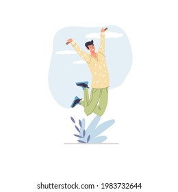 Vector cartoon flat character in happy mood,rejoice,celebrate success,jumping happily - emotions,success,healthy social concept