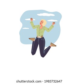 Vector cartoon flat character in happy mood,rejoice,celebrate success,jumping happily - emotions,success,healthy social concept