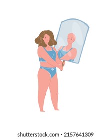 Vector cartoon flat character misjudging appearance,woman with hair looks in mirror and seeing bald person-metaphor of inadequate self-esteem,psychological problems treatment and therapy concept