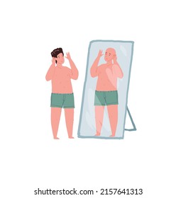 Vector cartoon flat character misjudging appearance,man with hair looks in mirror and seeing bald person-metaphor of inadequate self-esteem,psychological problems treatment and therapy concept