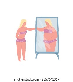 Vector cartoon flat character misjudging appearance,skinny woman looks in mirror and seeing fat person-metaphor of inadequate self-esteem,psychological problems treatment and therapy concept