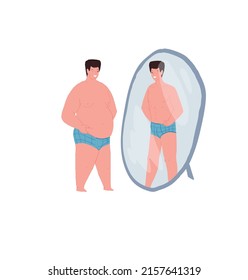 Vector cartoon flat character misjudging appearance,fat man looks in mirror and seeing thin person-metaphor of inadequate self-esteem,psychological problems treatment and therapy concept