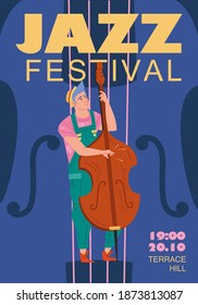 Vector cartoon flat character music band,jazz,rock,blues stylish banner poster web online concept.Musician plays double bass instrument on abstract background-festival,concert,night club flyer