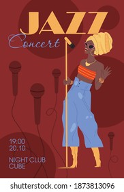 Vector cartoon flat character music band,jazz,rock,blues stylish banner poster web online concept.Woman singing on abstract background-festival,concert,night club flyer