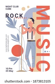 Vectorcartoon flache Charakter Musik Band Live Rock, Jazz stylische Banner Poster Web-Konzept.Man singt auf abstraktem Hintergrund Festival, Konzert, Nachtklub Flyer