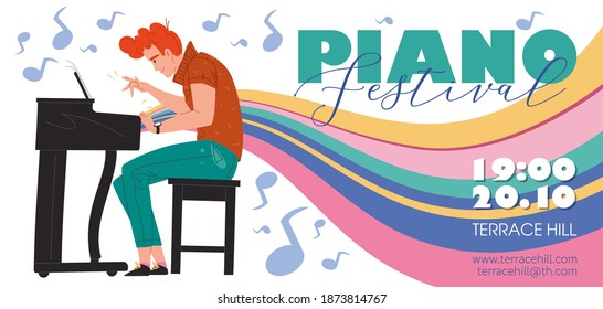 Caricatura vectorial banda de música de personaje plano, jazz, rock, blues, diseño de afiches web de afiches.Músico toca un instrumento de piano en un festival de fondo abstracto, concierto, volante de discoteca