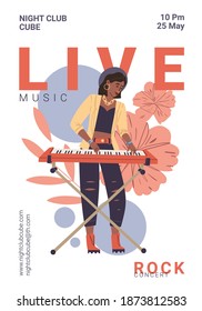Vector cartoon flat character on live rock music fest plays keyboards- web ad banner stories,night club party flyer,musical festival,open air poster social media post concept on abstract background