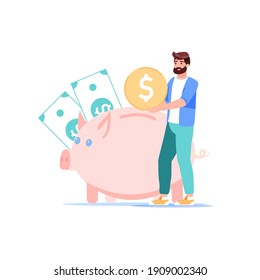 Vector cartoon flat character put gold coin in piggy bank.Man saving money,follow home budget finance management plan-personal budget,financial literacy,bank account,web site banner ad concept