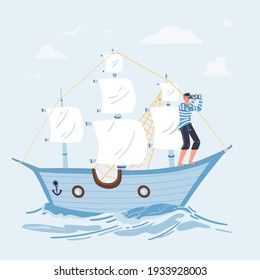 Vector cartoon flat character sail on ship looking into distance from bow - new idea search,future vision,new beginnings,opportunities,new business,profit searching,money investing concept