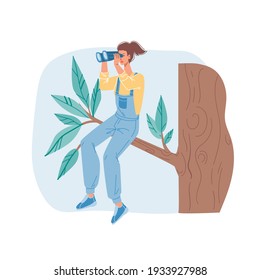 Vector cartoon flat character sitting on tree branch looking into the distance using binoculars - new idea search,future vision,exploration,researching,web online banner design,social concept