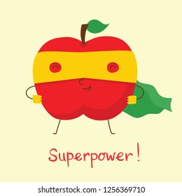 Vector  Cartoon flat character of superhero apple in mask and funny hand drawn text Superpower!