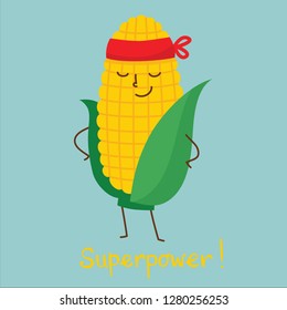 Vector Cartoon flat character of superhero corn in mask and funny hand drawn text Superpower!