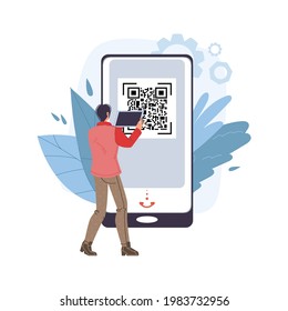 Vector cartoon flat character using mobile smartphone tablet with empty blank screen scanning QR code - online shopping,social media,internet surfing concept for web online site design