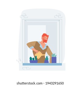 Vector cartoon flat character watering cacti in house window.Young happy man takes care of plants - emotions, lifestyles, communication and friendship social concept