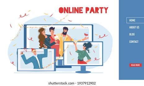 Vector cartoon flat characters celebrate,rejoice together.Young happy people throwing party online using computer,mobile phone apps screens,web online banner,landing page design,social media concept