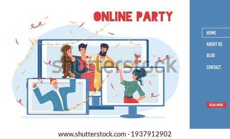 Vector cartoon flat characters celebrate,rejoice together.Young happy people throwing party online using computer,mobile phone apps screens,web online banner,landing page design,social media concept