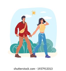 Vector cartoon flat characters couple on walk.Young man woman in love walking in city park outdoors-emotions,friendship,communication,relationships,web online banner social concept