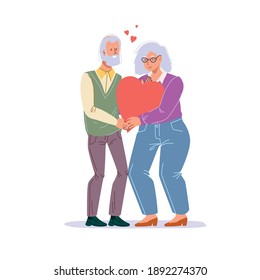Vector cartoon flat characters couple.Elderly people in love,happy man woman holding heart-saint Valentine Day postcard,greeting card design,web online banner decor,love metaphor concept