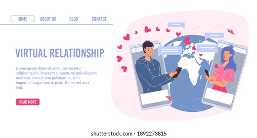 Vector cartoon flat characters couple,online date mobile app,landing page,Valentine Day design.Young people talk,love chat-February 14 greeting card,web banner ad,social media communication concept