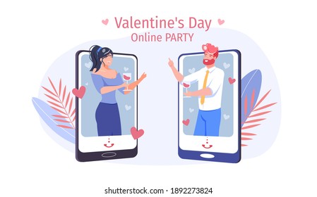 Vector cartoon flat characters couple,online mobile app screen,Valentine Day greeting card design.Young loving man woman make party-web online banner,February 14 postcard decor,social media concept