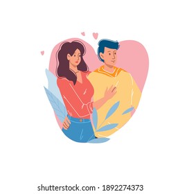 Caricatura vectorial pareja de personajes llanos,diseño de tarjetas de felicitación San Valentín.Hombre joven en el amor abrazos sobre fondo floral-postal 14 de febrero, decoración de banners web-emociones,concepto social