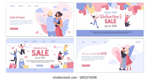 Vector cartoon flat characters couples,Valentine Day landing page,greeting cards design set.Young people in love hugs,shopping sale offer ad-February 14 web online banners decor,social media concept