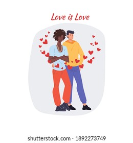 Vector cartoon flat characters couple,Valentine Day greeting card design.Young white man black woman in love hugs,hearts around-February 14 text card,web online banner decor,emotions,social concept