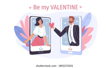 Pareja de personajes de dibujos animados, regalo en línea de San Valentín, aplicación móvil, diseño de tarjetas de felicitación.Hombre joven le da regalo de amor a un banner en línea de la web de mujeres, decoración de postales del 14 de febrero, concepto de medios sociales