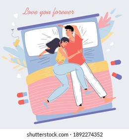 Vector cartoon flat characters couple,Valentine Day greeting card design.Happy young man woman in love sleep on bed,huggings-February 14 text card,web online banner decor-emotions,social concept