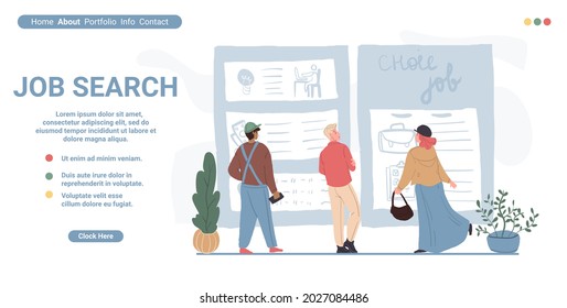 Vector Cartoon Flat Characters Employees In Search At Job Fair.People Of Different Professions Seeking For Job At Career Expo,read,exam,analyzing Work Announcements At Stands, Landing Page Concept