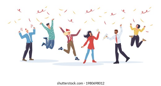Vector cartoon flat characters friends in happy mood,rejoice together,friendly team of young people at party celebrate -communication,emotions,friendship,social concept
