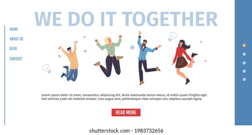 Vector cartoon flat characters friends rejoice together,friendly team of young people celebrate success,jumping happily - ready to use web online site design,social media concept