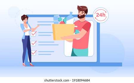 Vector cartoon flat characters give,receive online orders buys.Delivery service workflow-happy customer accept ordered goods from courier on mobile app screen-online shop,web site banner ad concept