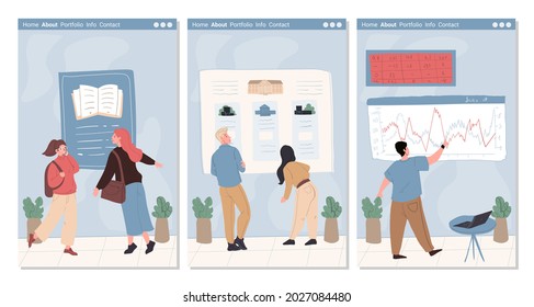 Vector cartoon flat characters at institute bulletin board,trading information stand.People examine information about educational institutions,analyzing charts,stock prices,online landing pages set