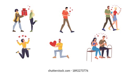 Vector cartoon flat characters in love,saint Valentine Day greeting cards design set.Loving happy people dating,talk,give presents-February 14 postcard,web online banner decor-emotions,social concept