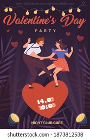 Vector cartoon flat characters in love,trendy young people dancing,girl and boy romantic date-Valentine Day party flyer for social media post,poster ad,stylish web banner stories concept