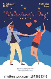 Vector cartoon flat characters in love,trendy young people dancing,girl and boy romantic date-Valentine Day party flyer for social media post,poster ad,stylish web banner stories concept