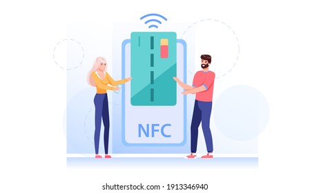 Vector cartoon flat characters makes nfc contactless payment.Happy people present new way of wireless pay with nfc smart card-modern payment technology,online web site ad banner concept design