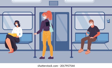 Vector cartoon flat characters in metro,life during coronavirus pandemic quarantine.Various people rides in subway car in face masks-covid prevention and protection,social distancing medical concept
