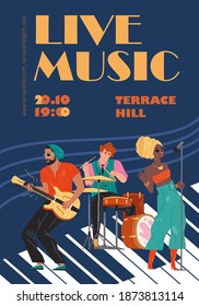 Vector cartoon flat characters music band,jazz,rock,blues stylish banner poster web online concept.Musicians singing,plays trumpet,guitar on abstract background-festival,concert,night club flyer
