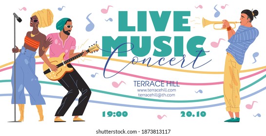 Vector cartoon flat characters music band,jazz,rock,blues stylish banner poster web online concept.Musicians singing,plays trumpet,guitar on abstract background-festival,concert,night club flyer